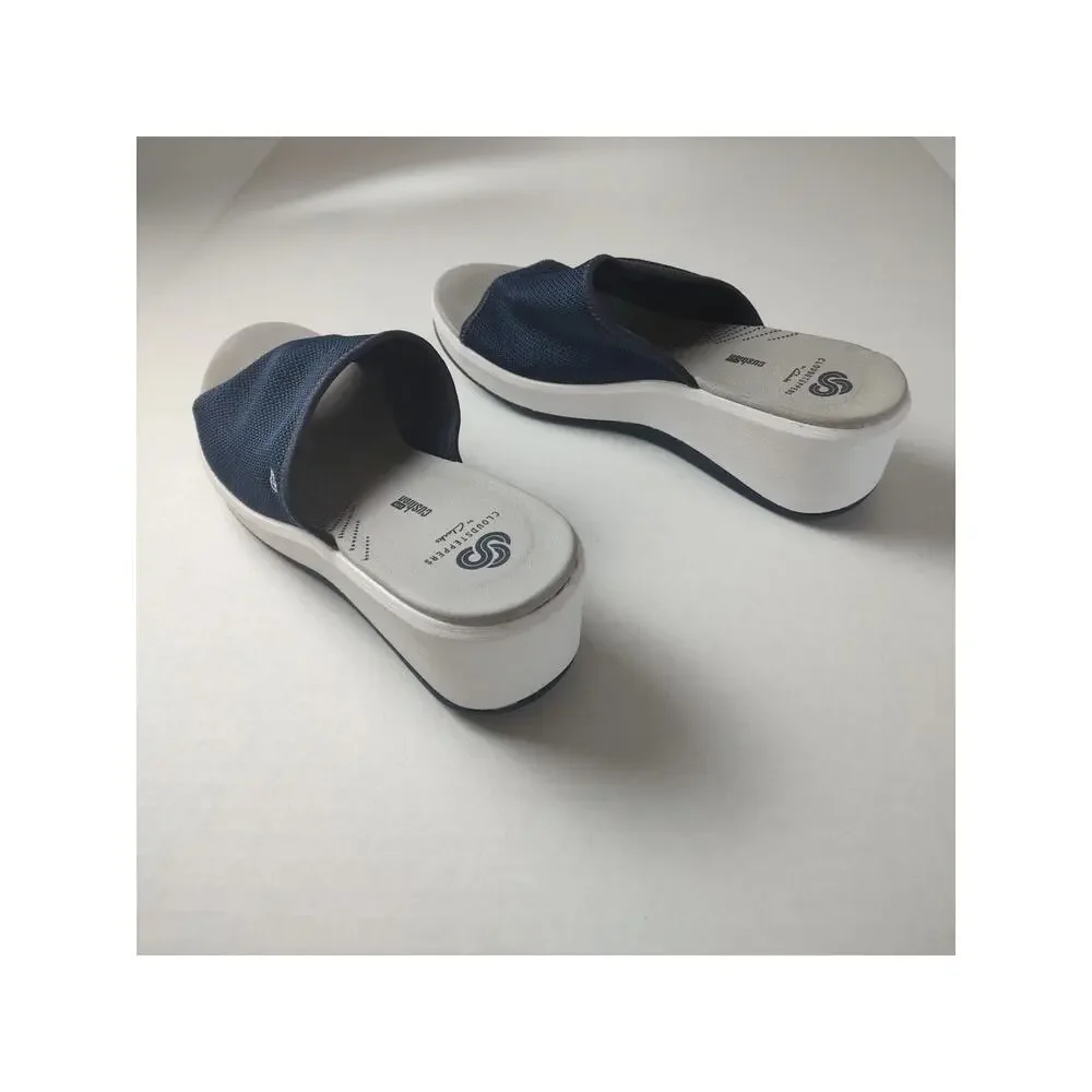 Clarks Cloudsteppers  Cali Bay Blue Canvas Slip On Wedge Heel Sandal Women US 10